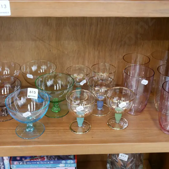 shelf; coloured etched tumblers, comports, gold rimmed wine glassses