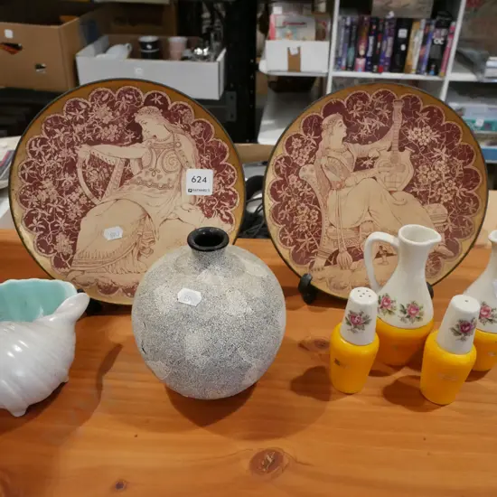 2x classical themed wall chargers, Poole shell bowl, vase etc