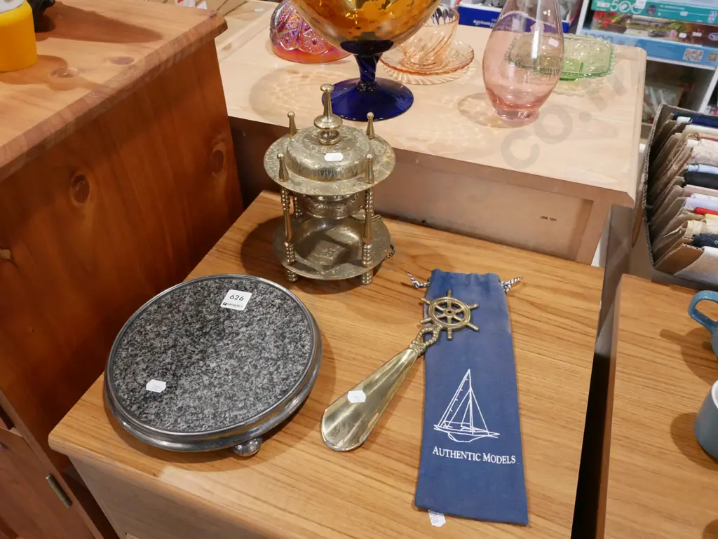 brass bell on stand, marble and plated pot stand, brass shoe horn Image 1++