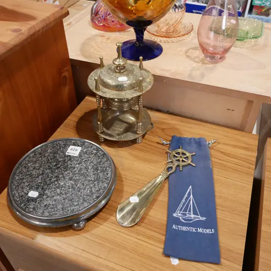 brass bell on stand, marble and plated pot stand, brass shoe horn