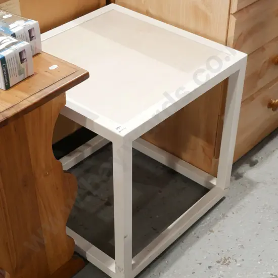 white metal and faux wood end table