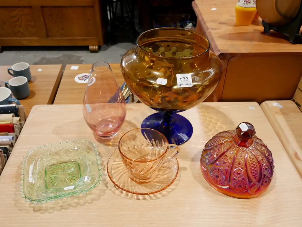 coloured glass; vase, cups, dish etc Image 1++