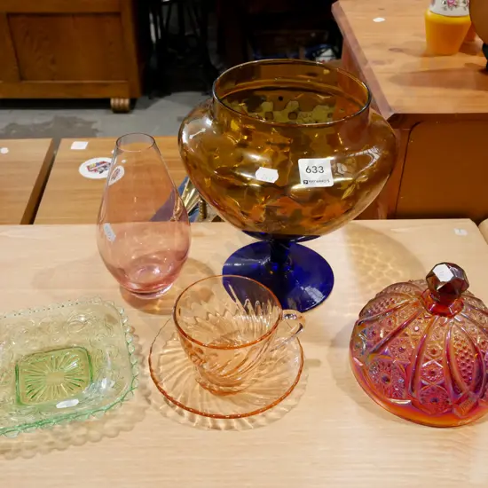 coloured glass; vase, cups, dish etc