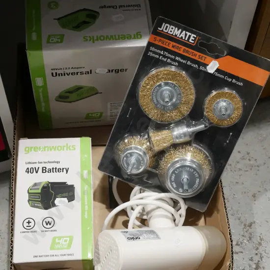 box; Greenworks 40v battery, wire brush set, garment steamer