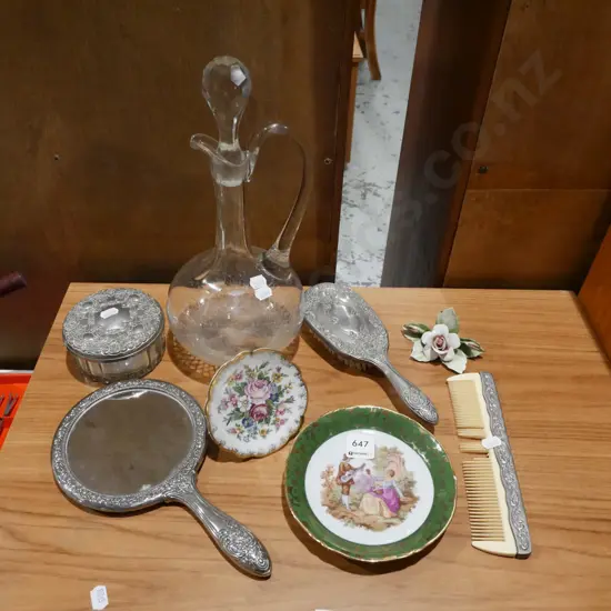 Limoges plates, ceramic flower, brush, comb, decanter H320 etc