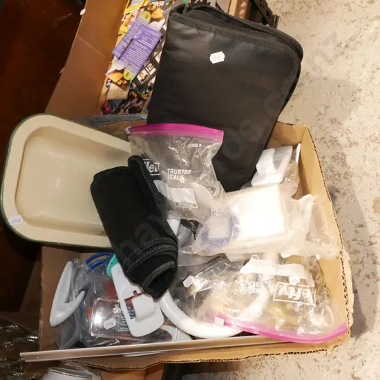 box; hooks, enamel bowl, binder etc