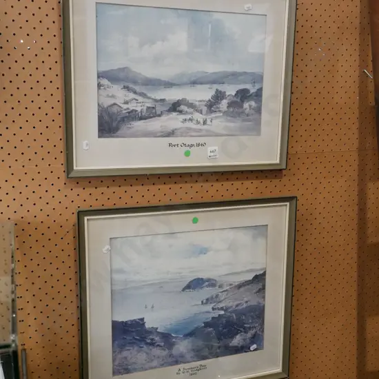 2x framed historic prints - green dots