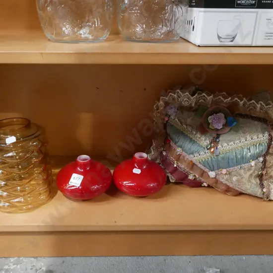 amber glass light shades, 2x glass vases, ornate hand bag