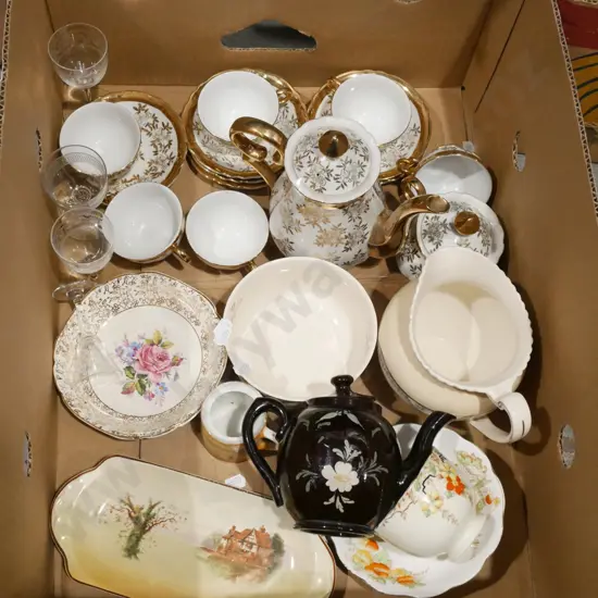 box; white and gold coffee, bowls etc