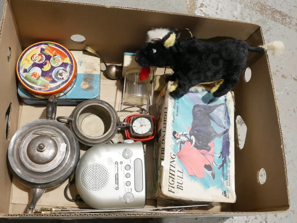 box; teapot, alarm clock, remote toy bull etc Image 1++