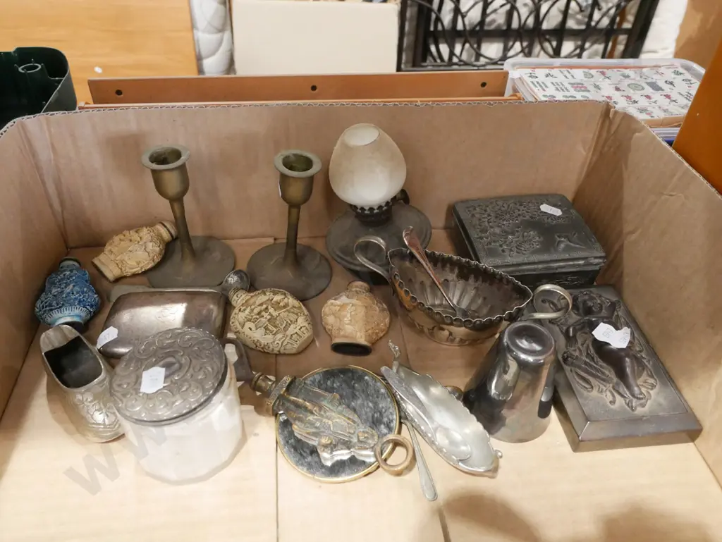 box; carved Asian perfume bottles, brass candlesticks, trinket box etc Image 1++