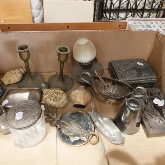 box; carved Asian perfume bottles, brass candlesticks, trinket box etc