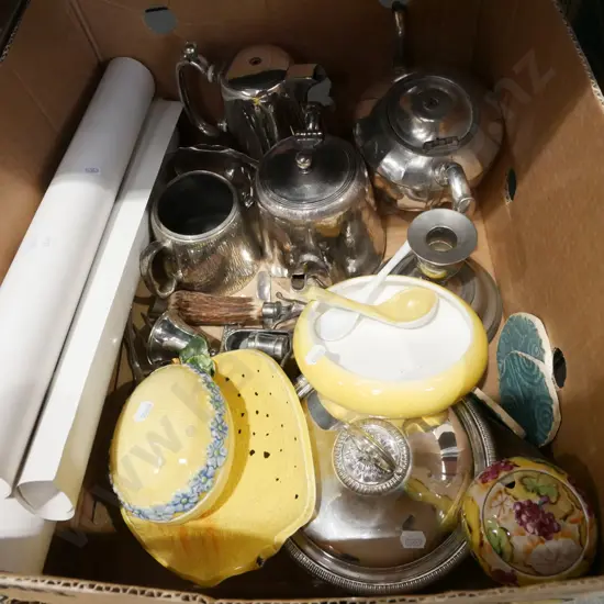 box; plated ware, bowls, Footrot Flats posters etc