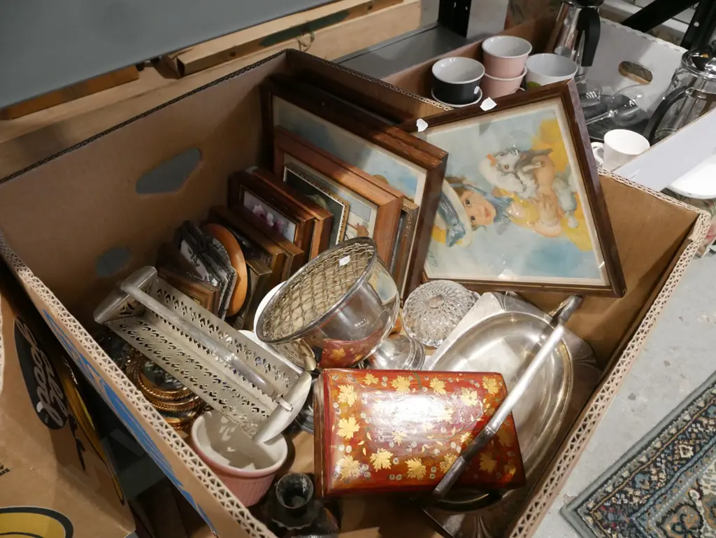 box; small prints, needleworks, plated rose bowl etc Image 1++