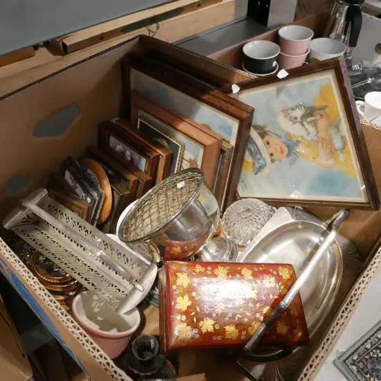 box; small prints, needleworks, plated rose bowl etc