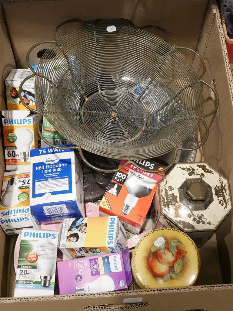 box; wire fruit bowl, light bulbs, tins etc Image 1++