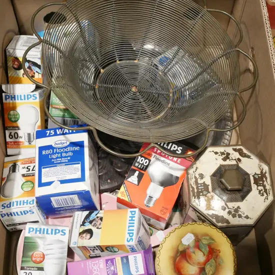 box; wire fruit bowl, light bulbs, tins etc