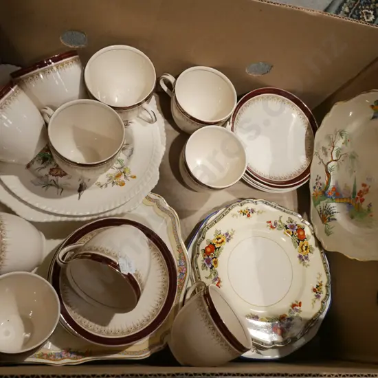 box; Meakin cups, saucers, plates