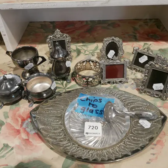 small plated photo frames, open sugars, tray etc
