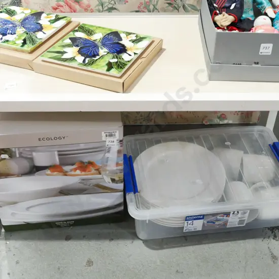 box of Ecology white dinner items, Sistema container of white ceramic cups and plates