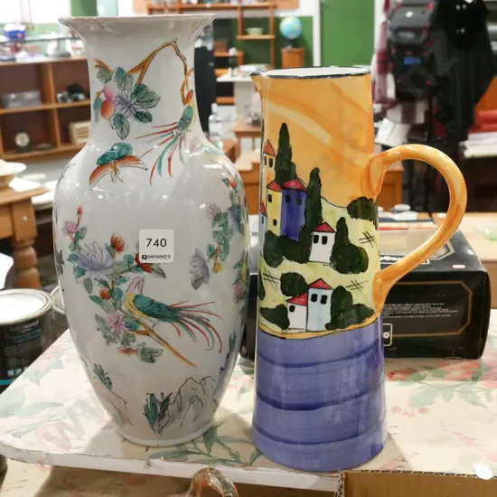 Asian vase, hand painted pottery NZ jug Vase H350