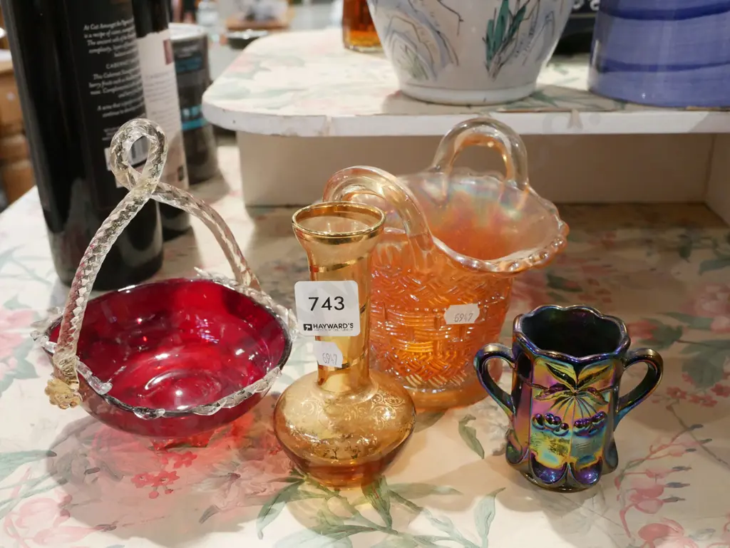 carnival glass basket, ruby glass basket, vase etc Image 1++