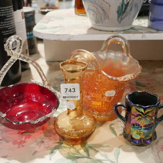 carnival glass basket, ruby glass basket, vase etc