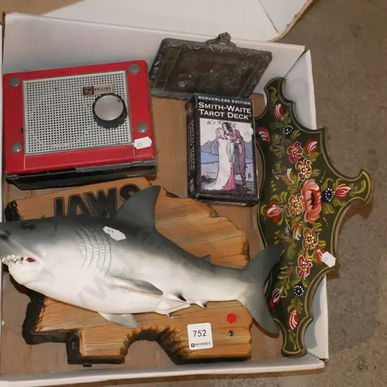box; Phillips speaker, key hooks, tarot cards etc