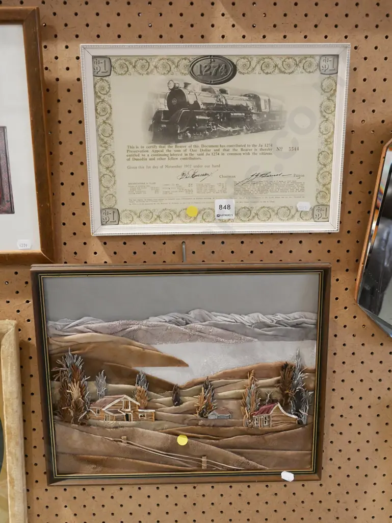 framed train certificate, leather landscape picture - yellow dots Image 1++