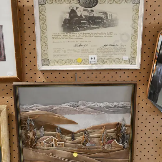framed train certificate, leather landscape picture - yellow dots
