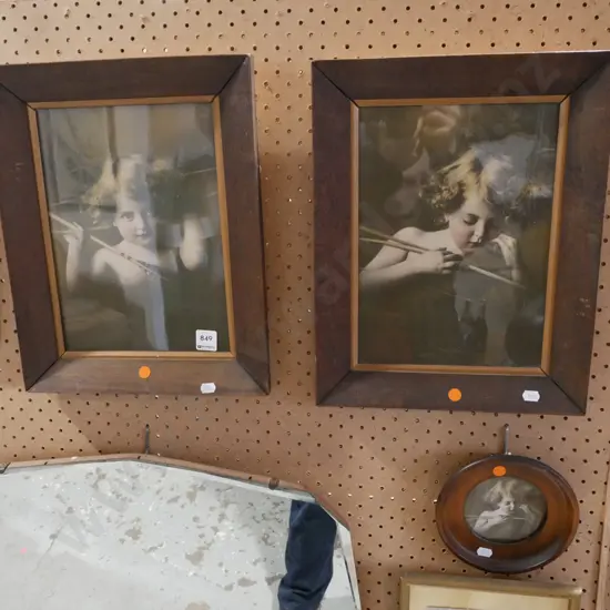 3x framed cherub prints - orange dots