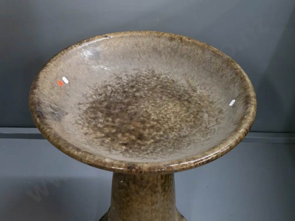 2-piece speckle-glazed terracotta bird bath on pedestal base - damage to one interlocking tab, hidden underneath bowl Image 1++