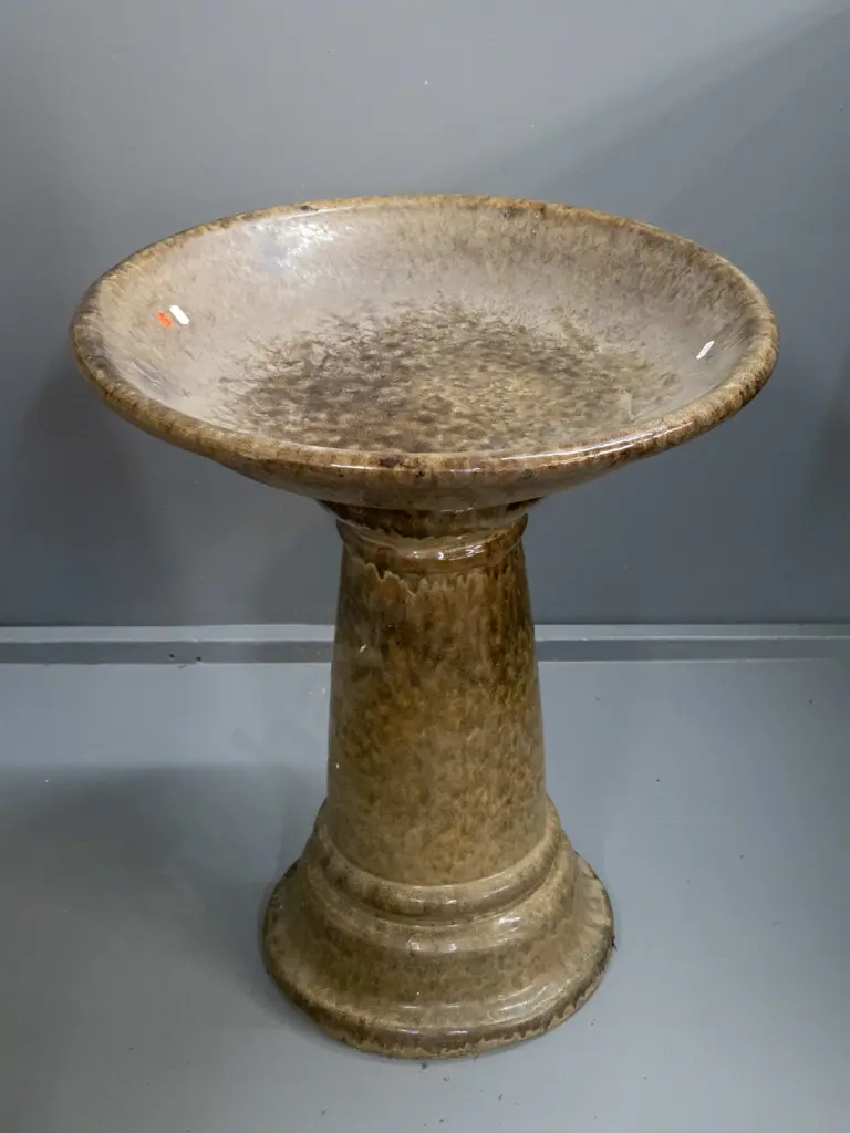 2-piece speckle-glazed terracotta bird bath on pedestal base - damage to one interlocking tab, hidden underneath bowl Image 1++