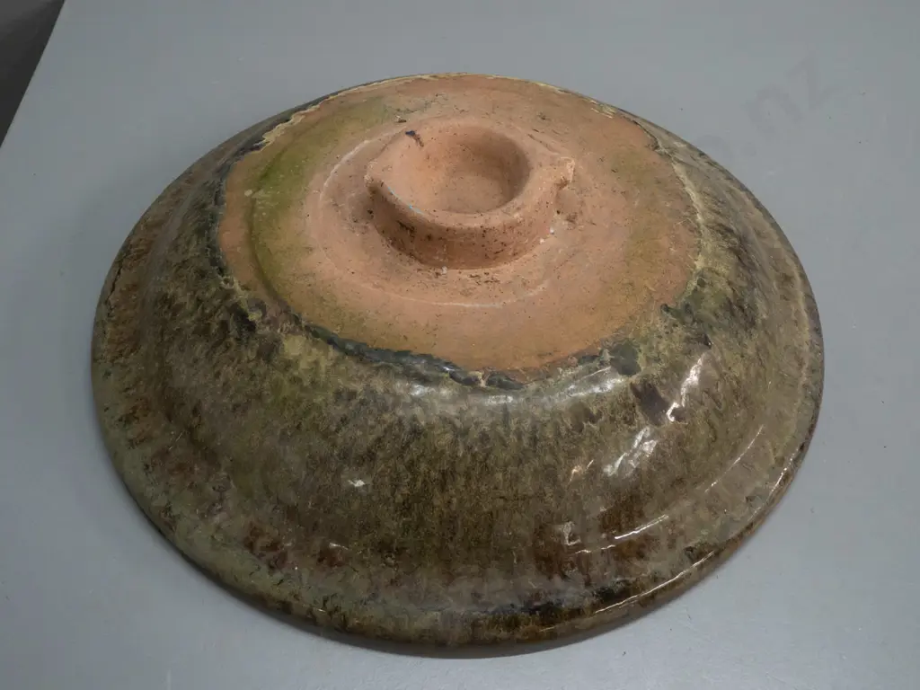 2-piece speckle-glazed terracotta bird bath on pedestal base - damage to one interlocking tab, hidden underneath bowl Image 1++