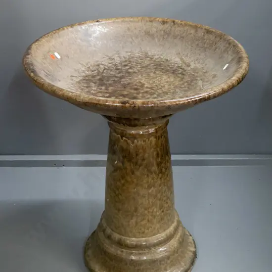 2-piece speckle-glazed terracotta bird bath on pedestal base - damage to one interlocking tab, hidden underneath bowl