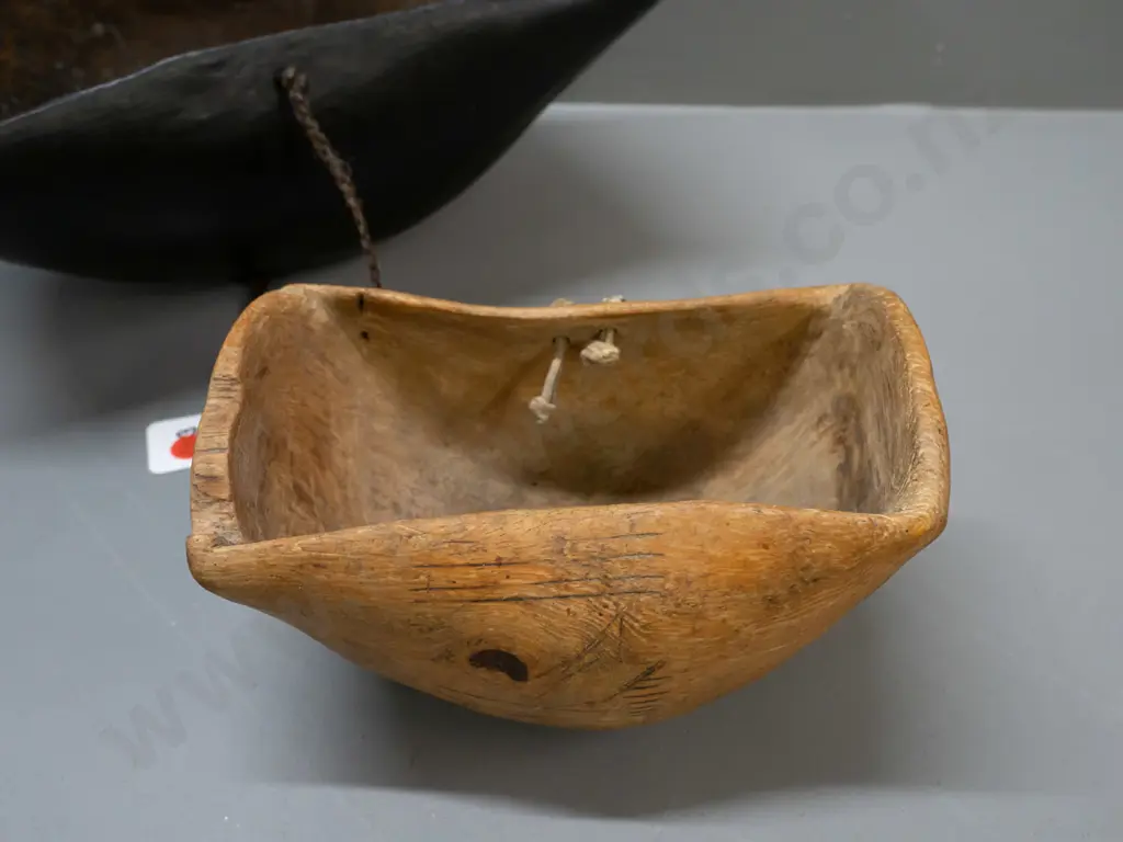 2 wooden bowls, one hardwood L-300 with plaited cord attached, both Turkana tribe, Kenya - some usage wear Image 1++