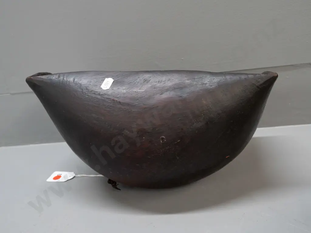 2 wooden bowls, one hardwood L-300 with plaited cord attached, both Turkana tribe, Kenya - some usage wear Image 1++