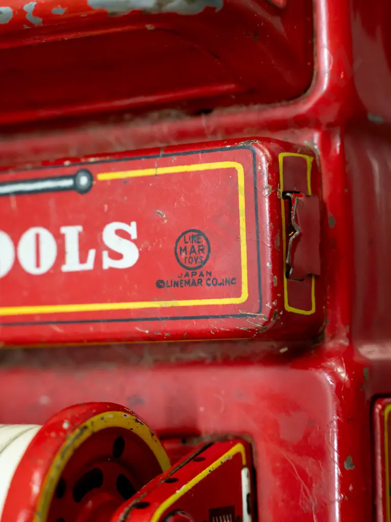 Japanese retro tin toy fire truck, marked Linemar Toys Japan - some paint wear, missing red dome from cab, would likely Image 1++