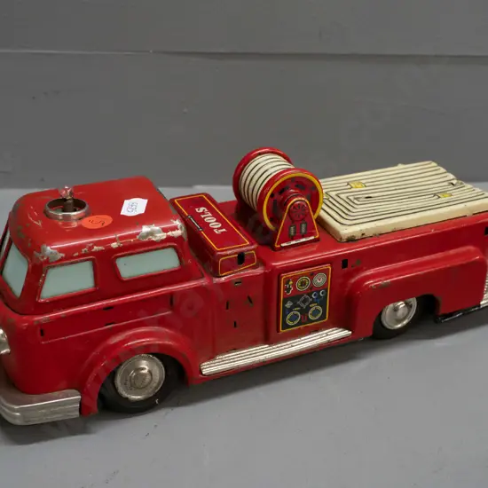 Japanese retro tin toy fire truck, marked Linemar Toys Japan - some paint wear, missing red dome from cab, would likely