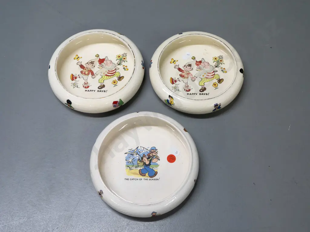3 Biltons English children's bowls -2  Noddy, 1 Popeye marked "Biltons (1912) England" - Noddy both have wear to gilt Image 1++