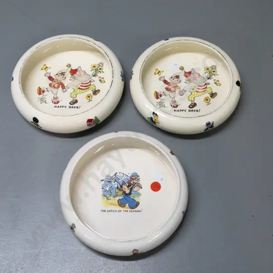 3 Biltons English children's bowls -2  Noddy, 1 Popeye marked "Biltons (1912) England" - Noddy both have wear to gilt