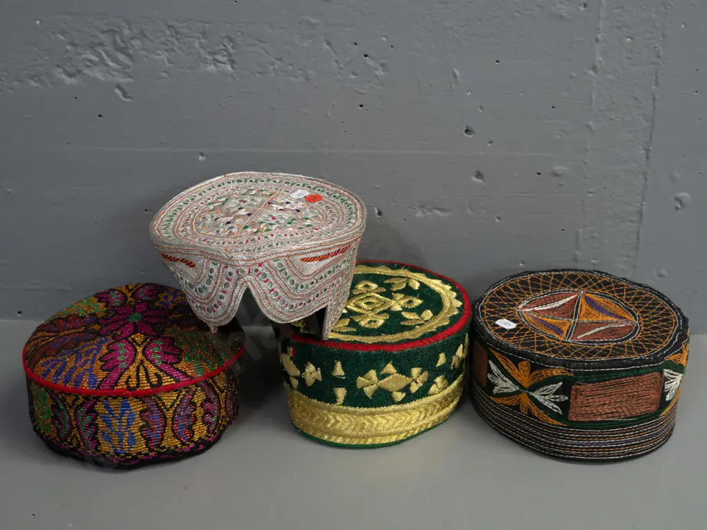 4 skullcaps from Pakistan and Afghanistan - multi colour woven fabric, metallic thread, mirrors etc Image 1++