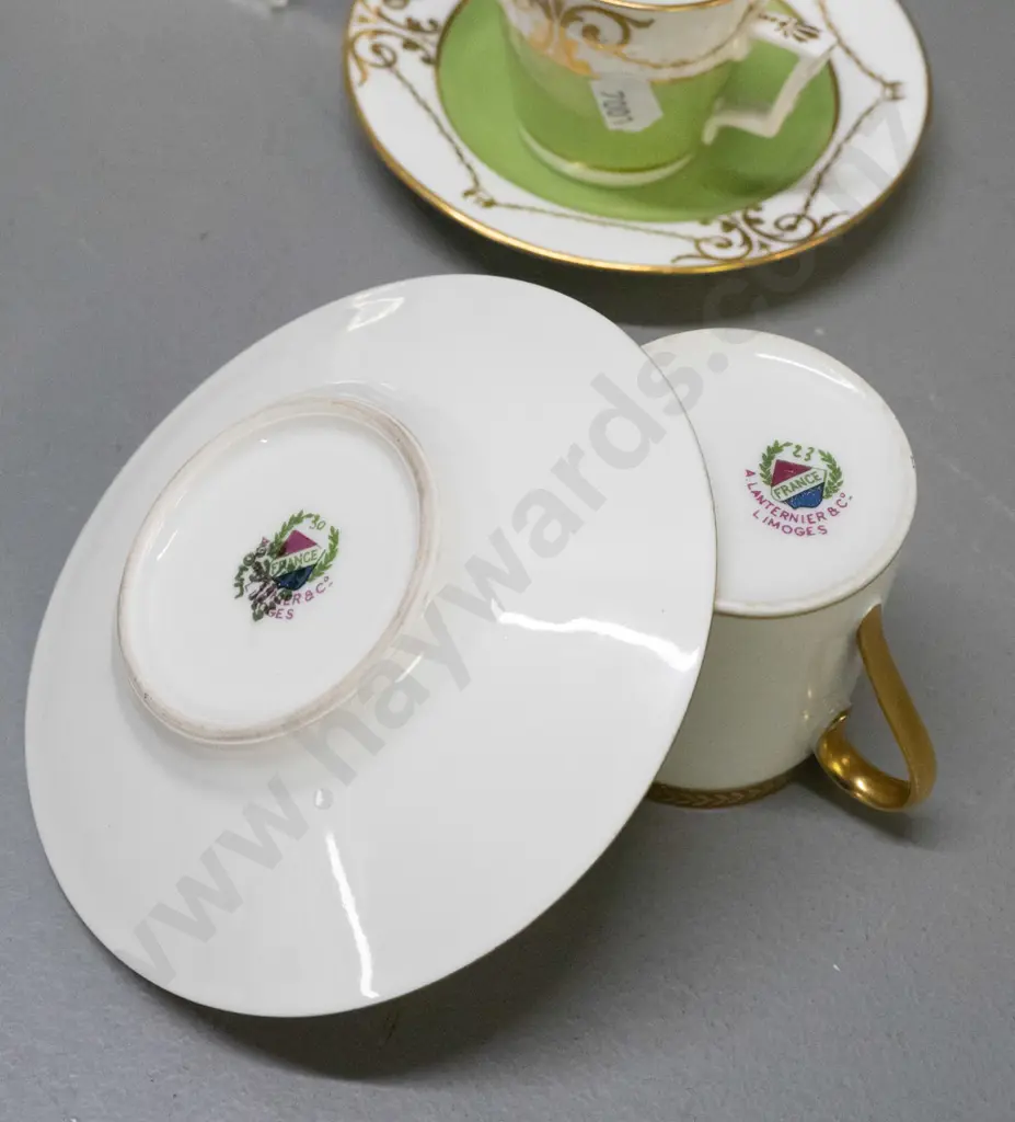 vintage china items - 3 coffee cans & saucers, with crossed sword marks, spare plate and saucer, and a Limoges cup & Image 1++