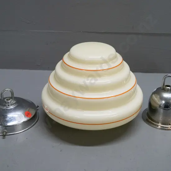deco ivory glass stepped shape with orange pin stripes, chrome journal & ceiling rose with Chromolux Wellington transfer
