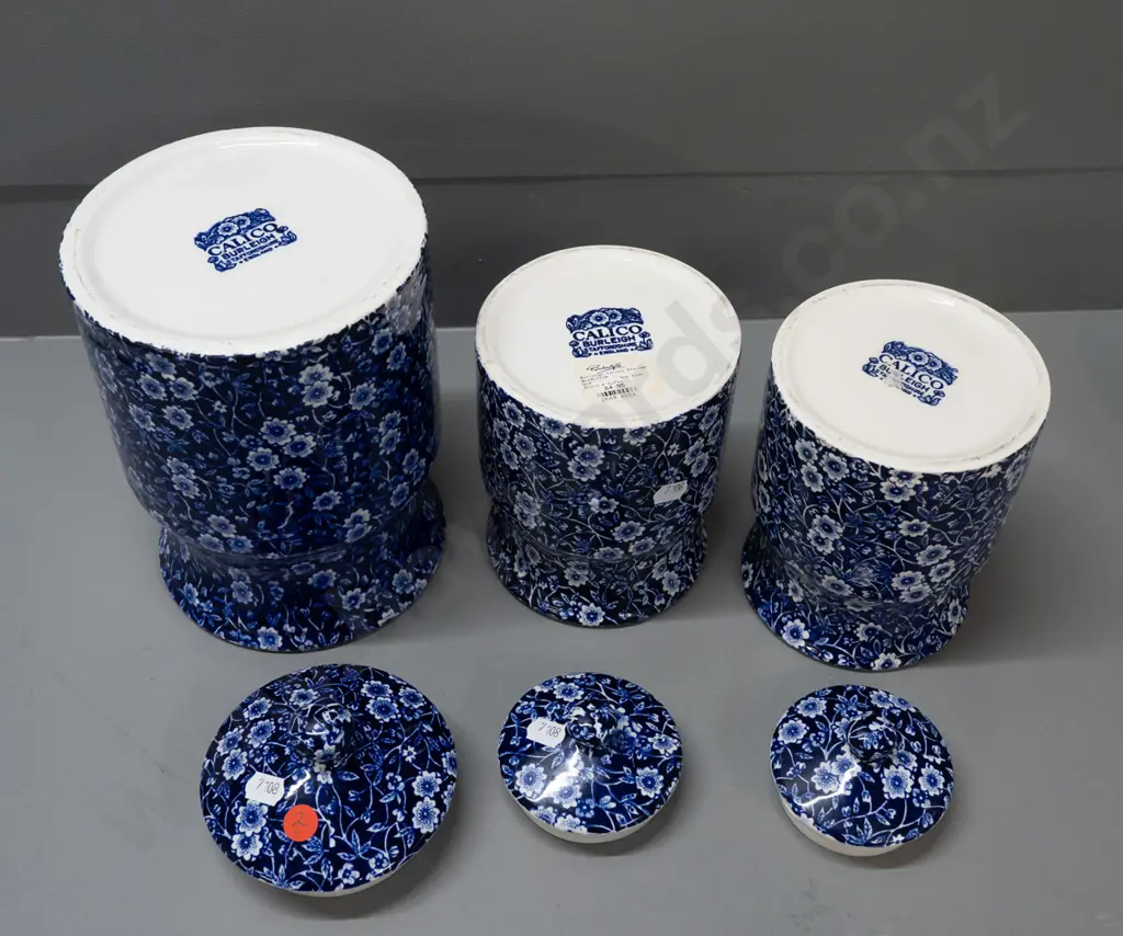 3 Burleigh Calico cobalt blue lidded canisters - one with Ballantynes label, larger marked "Biscuits" is H-210 D-140 Image 1++