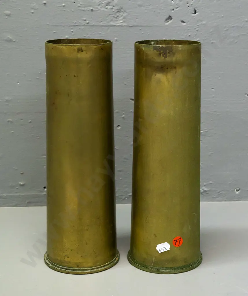 pair of brass shell casings, both marked 18Pr and dated 1916 on base - some corrosion and minor denting H-295 Image 1++