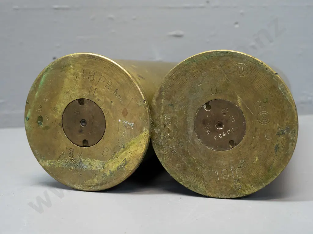 pair of brass shell casings, both marked 18Pr and dated 1916 on base - some corrosion and minor denting H-295 Image 1++
