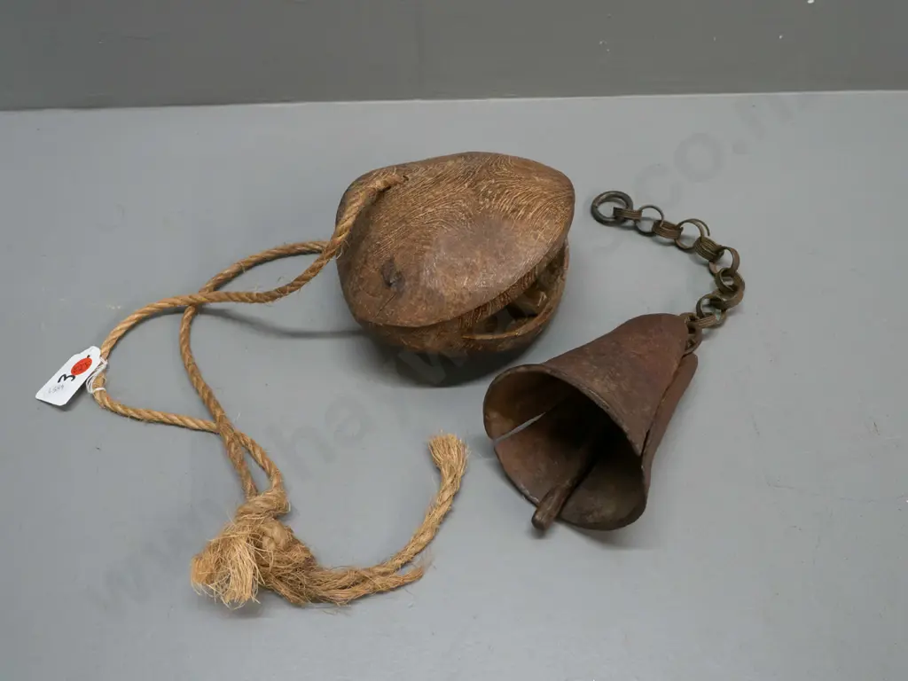 Somali wooden camel bell H-150 W-180 and a hand forged metal Sudanese cow bell with chain - pitting and discolouration Image 1++