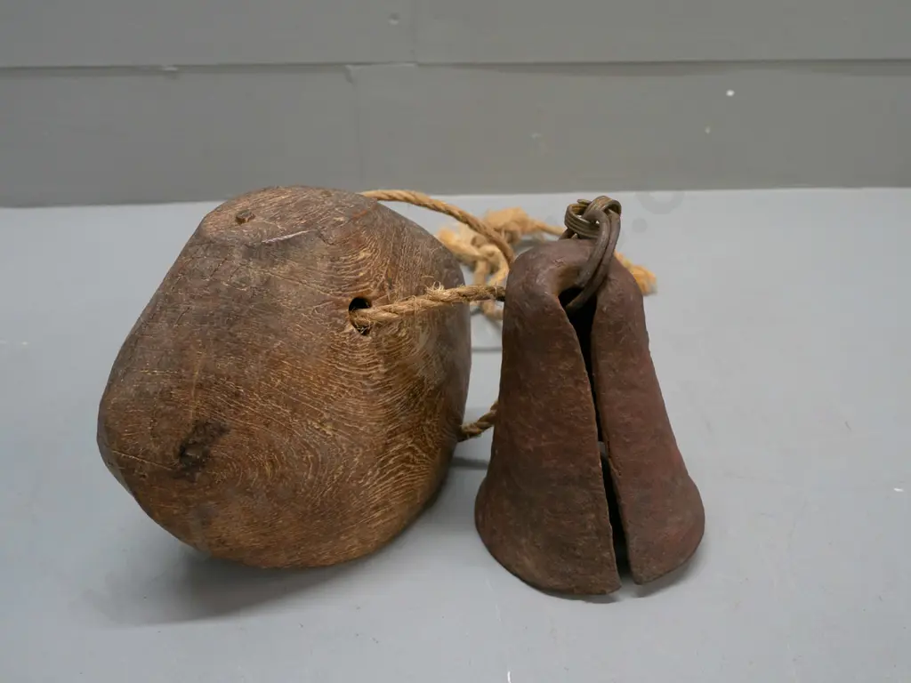 Somali wooden camel bell H-150 W-180 and a hand forged metal Sudanese cow bell with chain - pitting and discolouration Image 1++