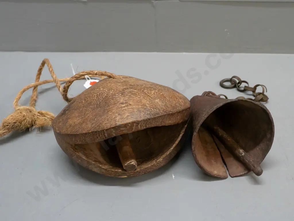 Somali wooden camel bell H-150 W-180 and a hand forged metal Sudanese cow bell with chain - pitting and discolouration Image 1++
